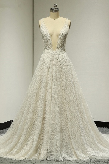 BMbridal Sexy Tulle Deep-V-Neck Lace Wedding Dress Sleeveless Appliques Pearls Bridal Gowns On Sale_1