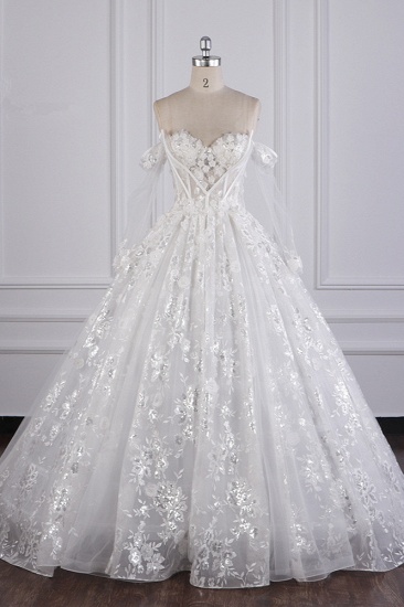 BMbridal Gorgeous Ball Gown Strapless Tulle Lace Wedding Dress Sleeveless Appliques Sequins Bridal Gowns_1