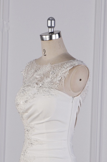 BMbridal Gorgeous Jewel Meerjungfrau Satin Brautkleid Ärmellos Rüschen Applikationen Perlenstickerei Brautkleider Online_6