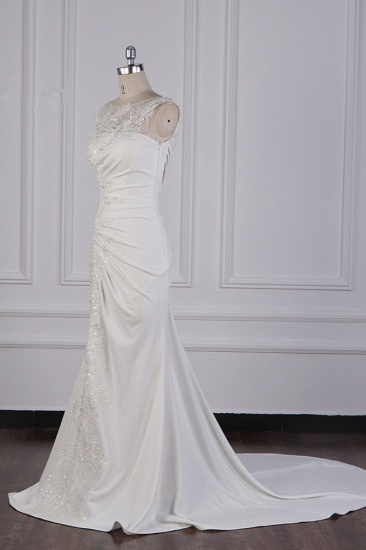 BMbridal Gorgeous Jewel Mermaid Satin Wedding Dress Sleeveless Ruffles Appliques Beadings Bridal Gowns Online_3