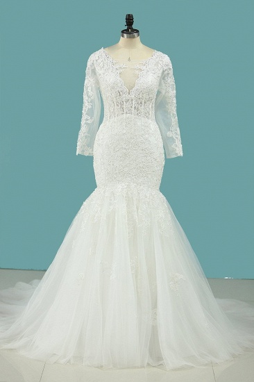 BMbridal Elegantes quadratisches Tüll-Spitze-Hochzeitskleid Meerjungfrau mit langen Ärmeln Applikationen Brautkleider im Angebot_2