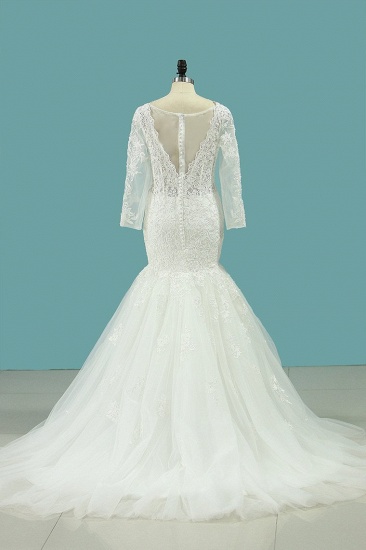BMbridal Elegantes quadratisches Tüll-Spitze-Hochzeitskleid Meerjungfrau mit langen Ärmeln Applikationen Brautkleider im Angebot_4