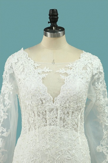 BMbridal Elegantes quadratisches Tüll-Spitze-Hochzeitskleid Meerjungfrau mit langen Ärmeln Applikationen Brautkleider im Angebot_3