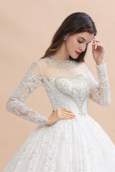 BMbridal Glamorous Jewel Tüll Brautkleid mit langen Ärmeln Applikationen Perlenstickerei Brautkleider Online_8