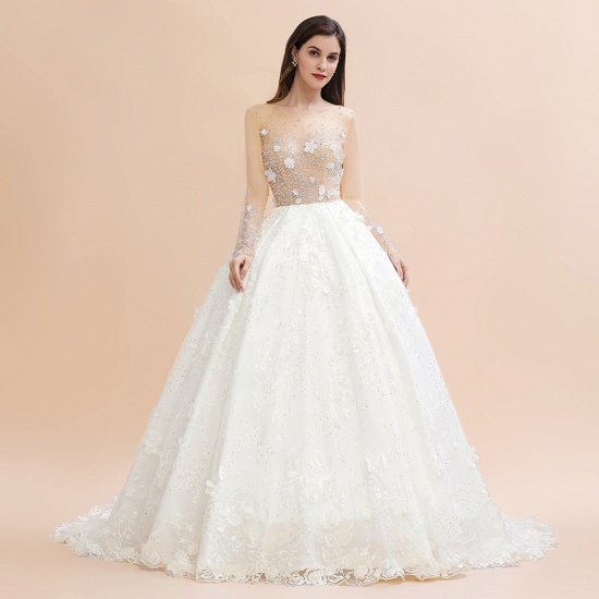 BMbridal Luxury Ball Gown Tulle Lace Wedding Dress Long Sleeves Appliques Pearls Bridal Gowns with Flowers On Sale_8