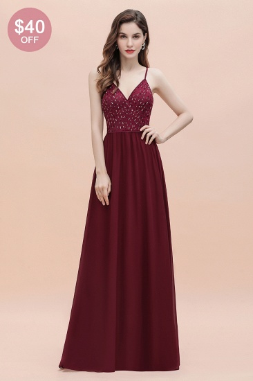 BMbridal Fabulous A-line Burgundy Chiffon Bridesmaid Dress V-Neck Spaghetti Straps Sequins Evening Dress