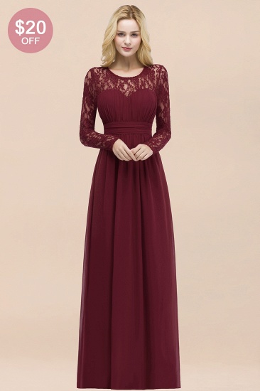 BMbridal Elegant Lace Burgundy Bridesmaid Dresses Online with Long Sleeves