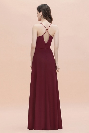 BMbridal Sexy V-neck Burgundy Chiffon Bridesmaid Dress Spaghetti Straps Lace Sequins Evening Dress_4