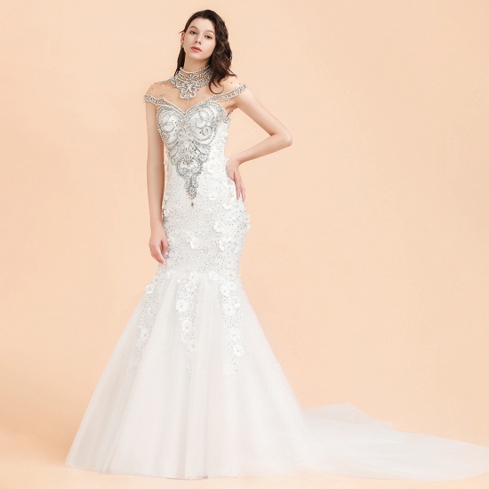 BMbridal Luxury Mermaid Wedding Dress Tulle Lace Sequins Sleeveless Bridal Gowns with Pearls_1