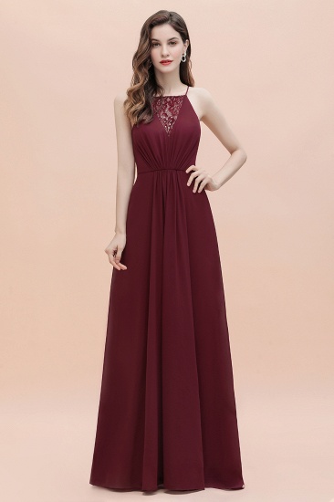 BMbridal Sexy V-neck Burgundy Chiffon Bridesmaid Dress Spaghetti Straps Lace Sequins Evening Dress_1