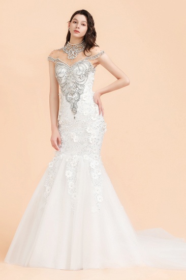 BMbridal Luxury Mermaid Wedding Dress Tulle Lace Sequins Sleeveless Bridal Gowns with Pearls_2