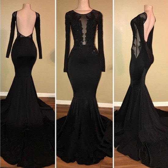 Bmbridal Black Long Sleeves Mermaid Prom Dress Appliques Backless_4