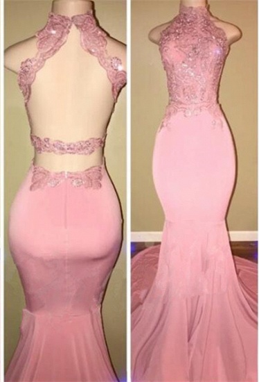Bmbridal Pink High Neck Mermaid Prom Dress With Lace Appliques_1