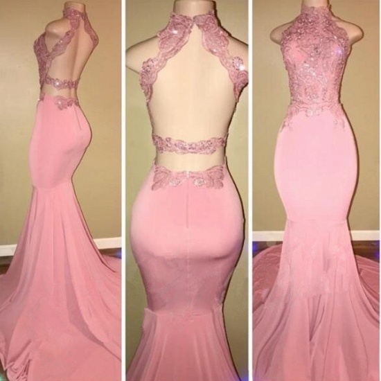 Bmbridal Pink High Neck Mermaid Prom Dress With Lace Appliques_4