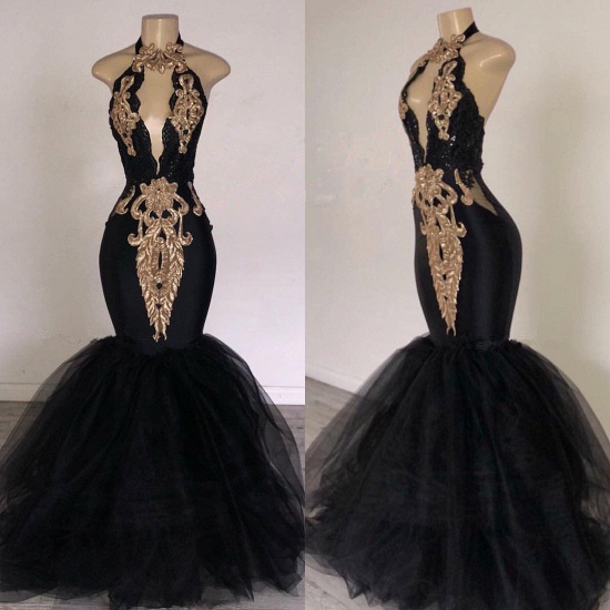 Bmbridal Black Sleeveless Prom Dress Mermaid With Gold Appliques_3