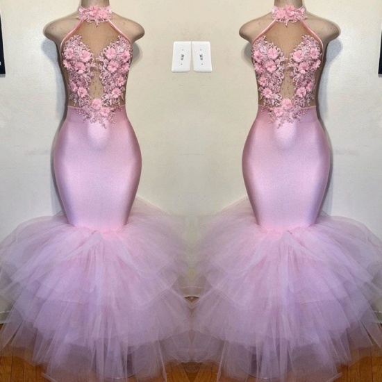 Bmbridal Halter Pink Mermaid Prom Dress With Flowers Tulle Skirt_3