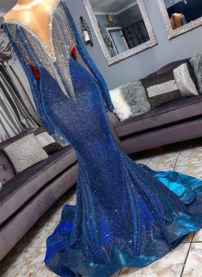 Bmbridal Königsblaues Abendkleid mit langen Ärmeln, Meerjungfrau mit Quasten