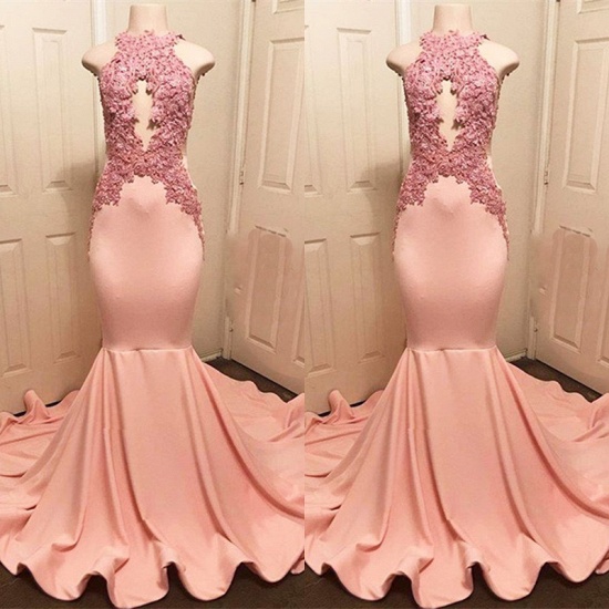 Bmbridal High Neck Halter Pink Prom Dress Mermaid Sleeveless With Appliques_4
