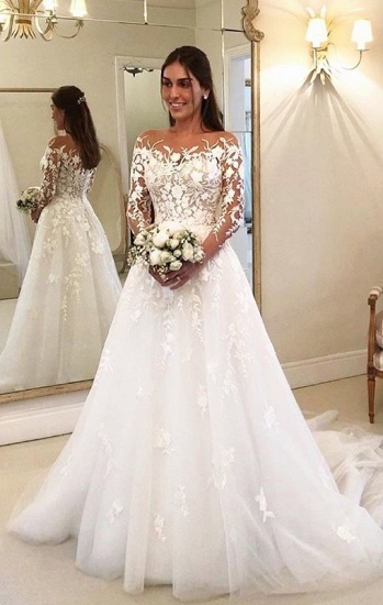 BMbridal Long Sleeves Tulle Wedding Dress With Lace Appliques_2
