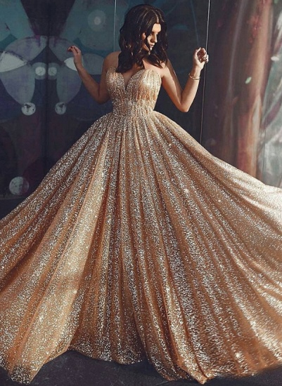 Bmbridal Spaghetti-Straps Gold Sequins Prom Dress Long Sleeveless_2