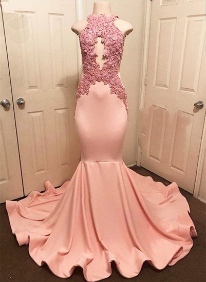 Bmbridal High Neck Halter Pink Prom Dress Mermaid Sleeveless With Appliques_3