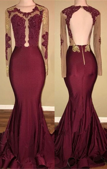 Bmbridal Burgundy Long Sleeves Mermaid Prom Dress With Lace Appliques_2