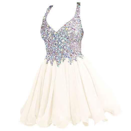 BMbridal Chic Crisscross-Träger Crystal Beads Ruffle Chiffon Sweetheart Short Prom Dress_7