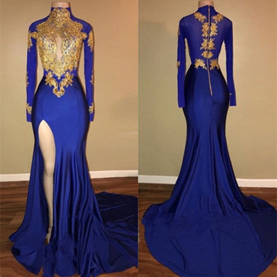 Bmbridal Royal Blue Long Sleeves Prom Dress Split With Gold Appliques_4