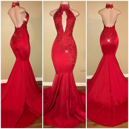 Bmbridal High Neck Red Mermaid Abendkleid rückenfrei mit Applikationen_6