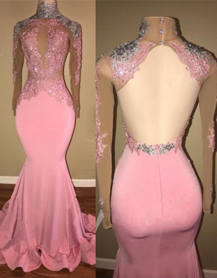 Bmbridal Pink Long Sleeves Prom Dress Mermaid With Lace Appliques_1
