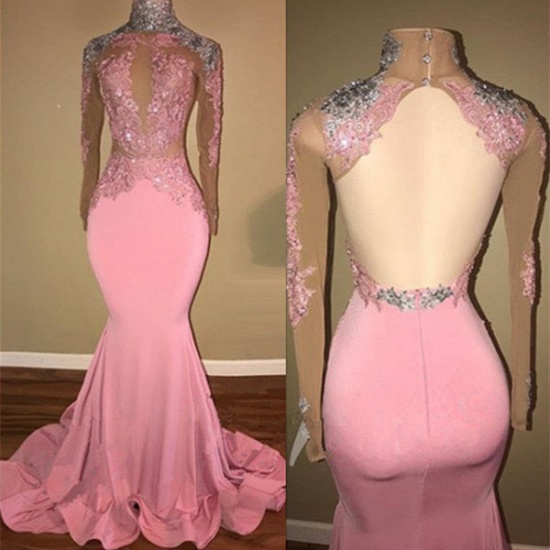 Bmbridal Pink Long Sleeves Prom Dress Mermaid With Lace Appliques_4