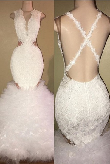 Bmbridal Sleeveless Mermaid White Prom Dress Lace With Ruffle_1