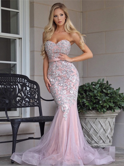Bmbridal Sweetheart Pink Mermaid Prom Dress With Lace Appliques_1