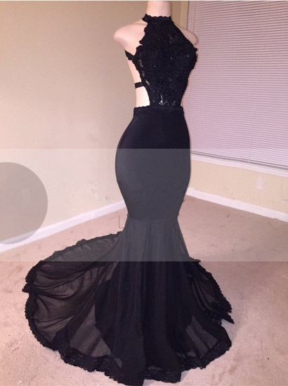 Bmbridal Black Mermaid Prom Dress Lace Appliques With High Neck_1
