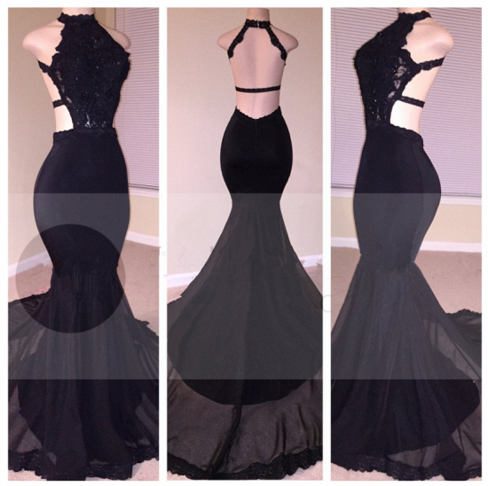 Bmbridal Black Mermaid Prom Dress Lace Appliques With High Neck_6