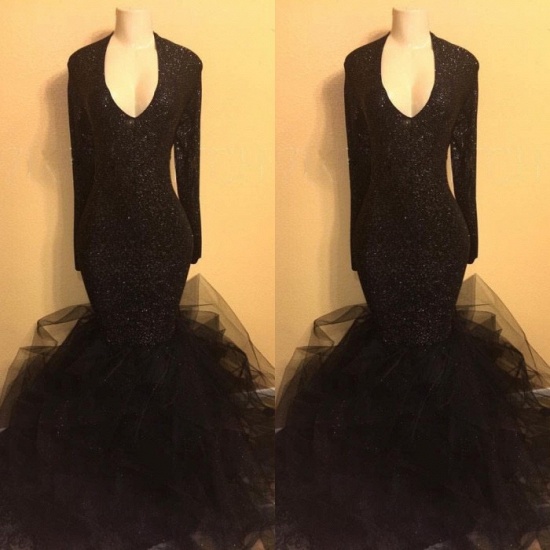 Bmbridal Black Sequins Long Sleeves Prom Dress V-Neck With Ruffle_4