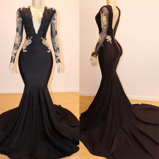 Bmbridal Long Sleeves Black Mermaid Prom Dress V-Neck With Appliques_3