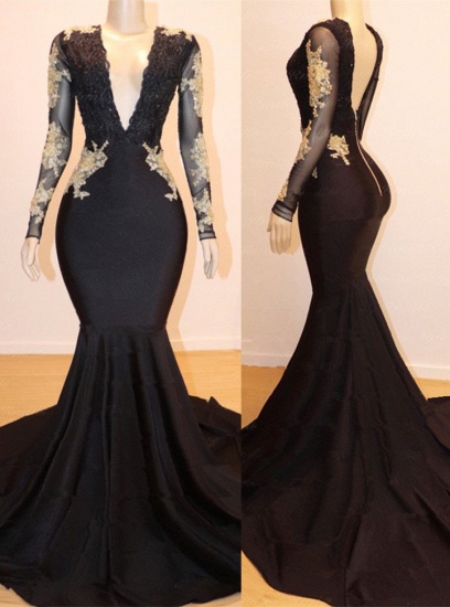 Bmbridal Long Sleeves Black Mermaid Prom Dress V-Neck With Appliques_1