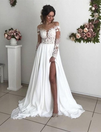 Bmbridal Long Sleeves Lace Beach Wedding Dress With Split Chiffon Bridal Gowns_1