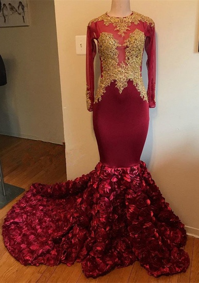 Bmbridal Burgundy Long Sleeves Mermaid Prom Dress Appliques With Flowers Bottom_1