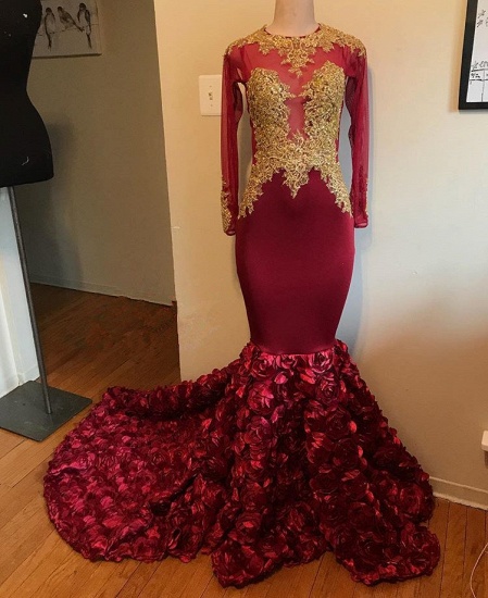 Bmbridal Burgundy Long Sleeves Mermaid Prom Dress Appliques With Flowers Bottom_3