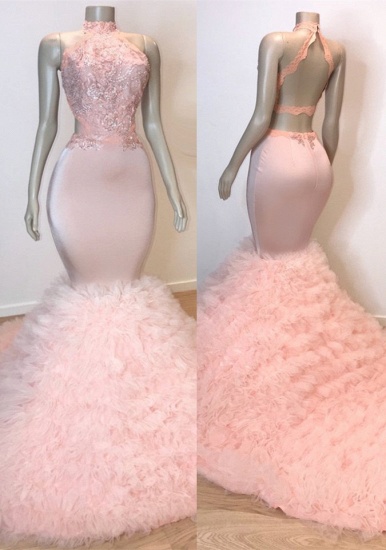 Bmbridal Pink Halter Lace Mermaid Prom Dress Long With Ruffles_2
