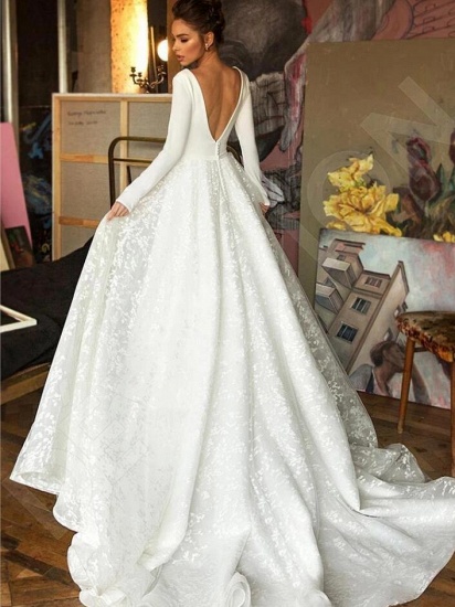 Langarm-Hochzeitskleid mit V-Ausschnitt und Spitzenapplikationen_2