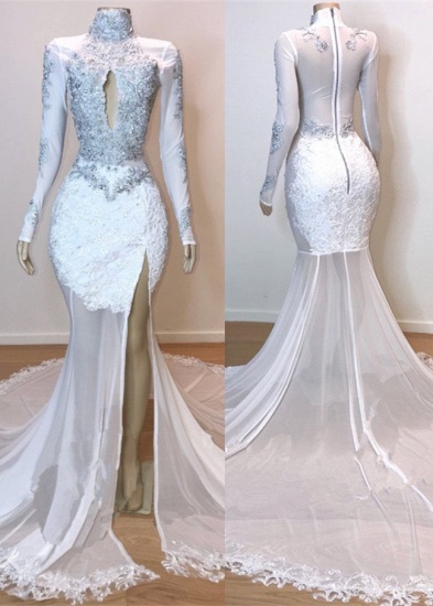 Bmbridal White Long Sleeves Slit Prom Dress Mermaid With Lace Appliques_1