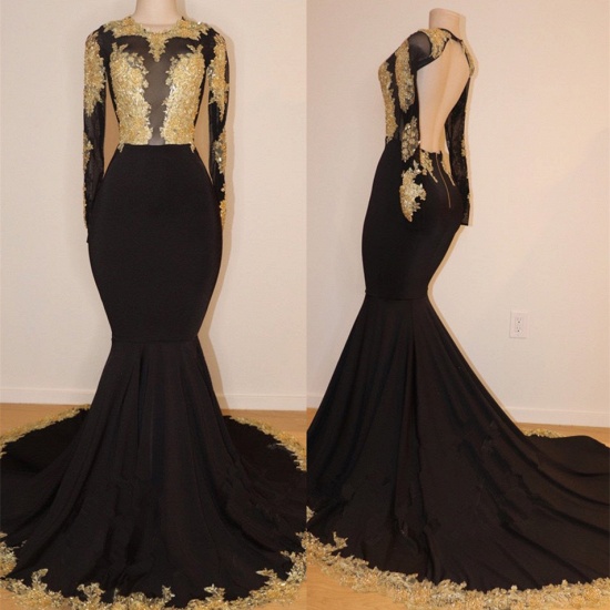 Bmbridal Long Sleeves Black Prom Dress Mermaid With Gold Appliques_3