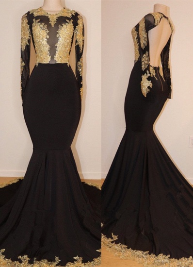 Bmbridal Long Sleeves Black Prom Dress Mermaid With Gold Appliques_1