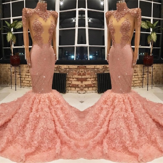 Bmbridal Long Sleeves Pink Prom Dress Mermaid Applikationen mit Blumen Bottom_3