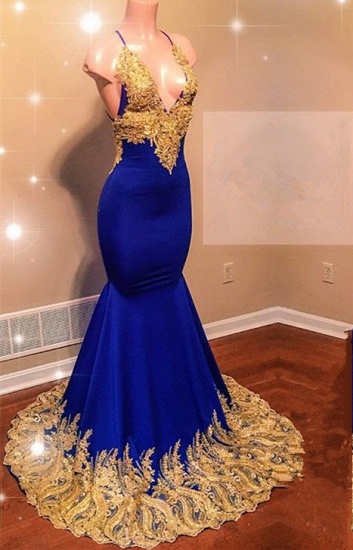 Bmbridal Royal Blue Mermaid Prom Dress Gold Appliques V-Neck_2