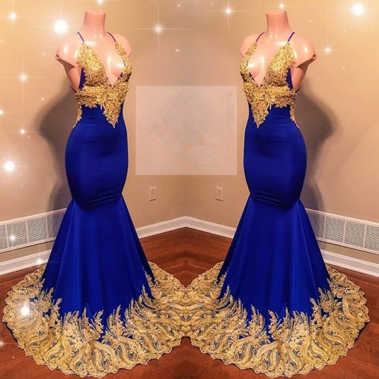 Bmbridal Royal Blue Mermaid Prom Dress Gold Appliques V-Neck_3