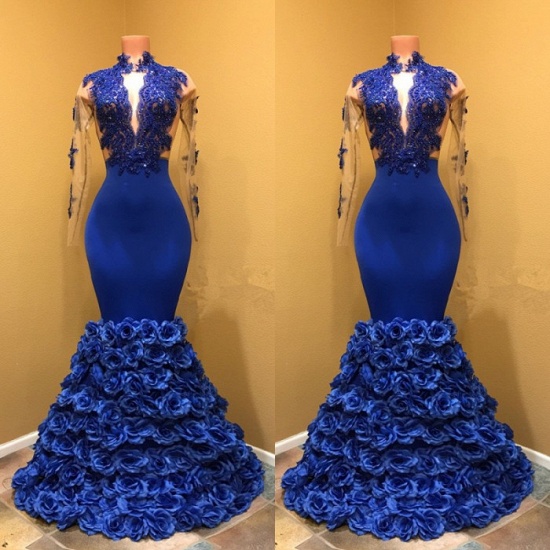 Bmbridal Royal Blue Long Sleeves Prom Dress Mermaid With Flowers Bottom_4